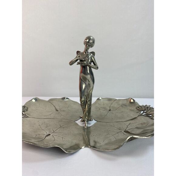 Antique Art Nouveau Pewter Fairy with Dove Lily Pads Sculpture Centerpiece Tray - Picture 7 of 12